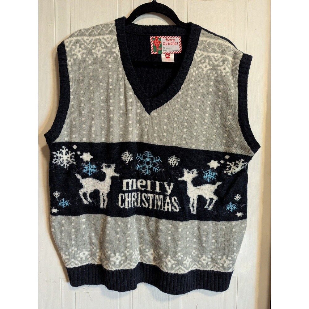 Merry Christmas Reindeer Snow Fair Isle Knit Ugly Sweater Vest XXL Gray Navy